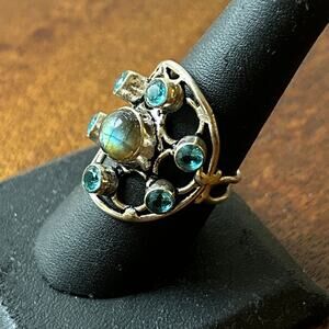 Vintage Sterling Silver Labradorite & Aquamarine Modernist Ring 5.42g